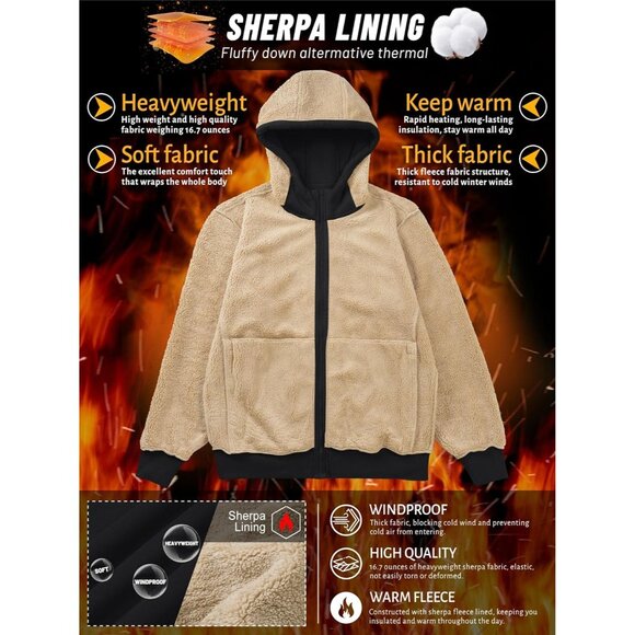 Mens Winter Hoodie Full Zip Fleece Sherpa Lined Warm Work Casual Sweatshirt - Picture 2 of 6